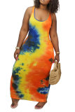 Green Fashion Tank Sleeveless O neck Pencil Dress Ankle-Length Print Patchwork Tie and dye Dresses