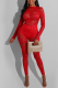 Red Sexy Solid Mesh O Neck Skinny Jumpsuits