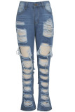 Blue Denim Zipper Fly Button Fly Mid Pocket washing Hole Zippered pencil Pants Pants
