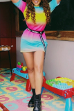 Multicolor Sexy Striped Tie-dye Half A Turtleneck A Line Dresses