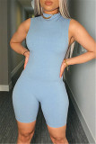Blue Fashion Casual Solid Basic O Neck Sleeveless Skinny Romper
