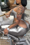 Silver Sexy Solid Hollowed Out Spaghetti Strap Skinny Jumpsuits