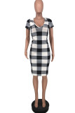 Black Yellow Fashion Casual Patchwork Print Basic V Neck Short Sleeve Dress