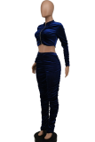Blue Casual Solid Patchwork Zipper Collar Long Sleeve Two Pieces