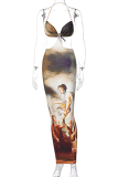 Colour Sexy Print Split Joint Halter Printed Dress Dresses