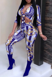 Red Sexy Print Bandage Turndown Collar Three Quarter Two Pieces