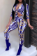 Blue Sexy Print Bandage Turndown Collar Three Quarter Two Pieces