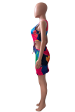 Pink Sexy Print Hollowed Out U Neck Pencil Skirt Dresses