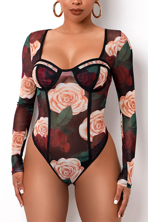 Black Sexy Vintage Print Floral Square Collar Regular Bodysuits