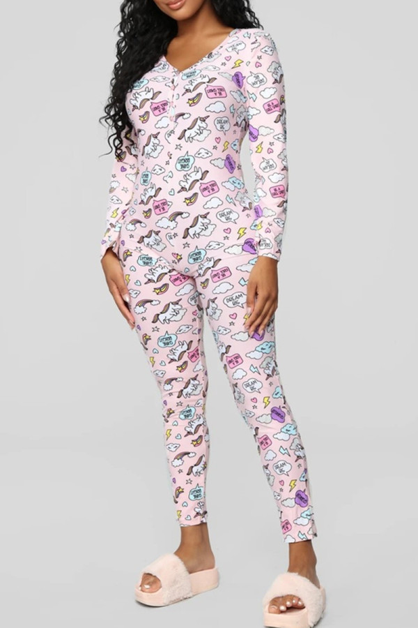 Pink Casual Living Print Basic V Neck Skinny Jumpsuits
