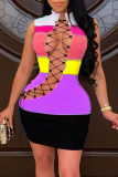 Pink Fashion Sexy Patchwork Hollowed Out Turtleneck Sleeveless Dress