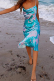 Pink Sexy Print Patchwork Spaghetti Strap Pencil Skirt Dresses