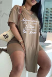 Pink Fashion Casual Letter Print Slit V Neck Short Sleeve Two Pieces