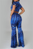 Deep Blue Fashion Casual Print Basic O Neck Short Sleeve Two Pieces