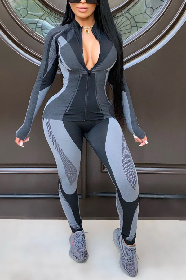 Grey Casual Print O Neck Long Sleeve Two Pieces
