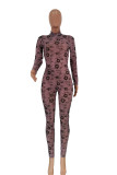 Pink Sexy Print Turtleneck Skinny Jumpsuits