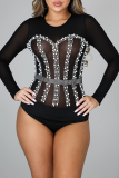 Red Sexy Solid Pearl O Neck Skinny Bodysuits