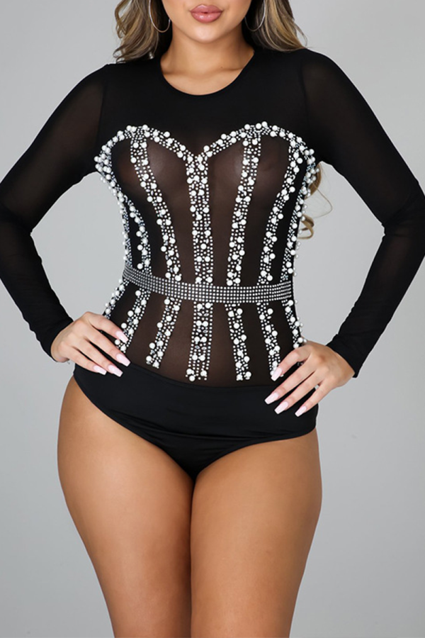 Black Sexy Solid Pearl O Neck Skinny Bodysuits