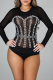 Black Sexy Solid Pearl O Neck Skinny Bodysuits