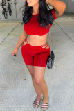 Red Sexy Casual Solid Hollowed Out O Neck Short Sleeve Two Pieces