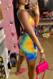Multicolor Fashion Sexy Print Tie Dye Hollowed Out Strap Design U Neck Sleeveless Two Pieces