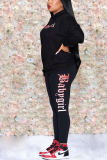 Black Casual Print Letter Hooded Collar Long Sleeve Two Pieces