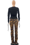 Black Casual Street Blends Print Leopard Draw String Pullovers Pants O Neck Long Sleeve Regular Sleeve Regular Two Pieces