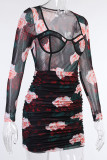 Black Sexy College Print Floral Square Collar Pencil Skirt Dresses