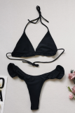 Black Sexy Solid Split Joint Frenulum Swimwears