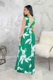 Green Polyester Sexy Fashion Tank Sleeveless V Neck A-Line Floor-Length Print Patchwork Club Dresses