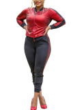 Red Polyester Fashion Sexy adult Ma'am O Neck Patchwork Solid Two Piece Suits Stitching Plus Size