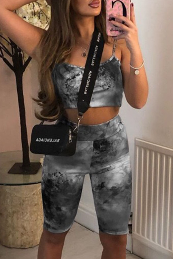Grey Fashion Casual Print Tie Dye Backless Spaghetti Strap Sleeveless Two Pieces