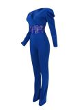 Blue Fashion Sexy bandage Patchwork lace Solid Long Sleeve V Neck Jumpsuits