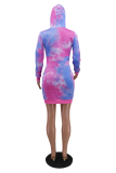 Yellow Casual Patchwork Tie-dye Hooded Collar Pencil Skirt Dresses