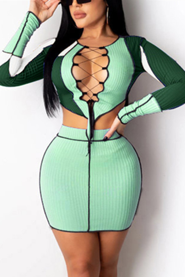 Green Fashion Sexy Patchwork Hollowed Out O Neck Long Sleeve Two Pieces
