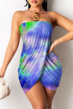 Yellow Sexy Print Tie Dye Backless Asymmetrical Strapless Sleeveless Dress