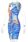 Blue Sexy Print Hollowed Out V Neck Pencil Skirt Dresses