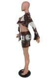 Coffee Fashion Sexy Print Strap Design V Neck Long Sleeve Two Pieces