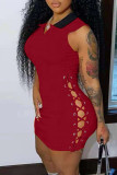 Orange Fashion Sexy Solid Hollowed Out Turndown Collar Sleeveless Dress