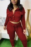 Wine Red Casual Spandex Acrylic Fiber Patchwork Solid Patchwork Buttons Pants Turndown Collar Long Sleeve Regular Sleeve Short Two Pieces