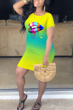 Pink Fashion Casual adult Ma'am Pink Yellow Sky Blue Cap Sleeve Short Sleeves O neck A-Line Knee-Length Print Dresses
