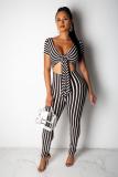 Black Sexy Fashion Striped Print Patchwork Polyester Short Sleeve V Neck Jumpsuits