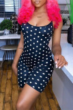 Black Sexy Casual Dot Print Basic O Neck Skinny Romper