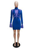 Color Blue Celebrities Solid Patchwork O Neck Pencil Skirt Dresses