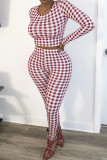 Wine Red Active Plaid Print Two Pieces