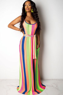 Pink Polyester Fashion Sexy Spaghetti Strap Sleeveless Slip A-Line Floor-Length Print Patchwork Striped