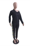 Black Fashion Casual Print Patchwork V Neck Long Sleeve Two Pieces