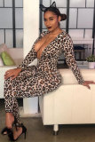 Leopard print Polyester Elastic Fly Long Sleeve Mid Print Leopard Skinny Pants Jumpsuits & Rompers