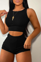 Black Sexy Solid Split Joint O Neck Sleeveless Two Pieces