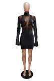 Color Blue Celebrities Solid Patchwork O Neck Pencil Skirt Dresses